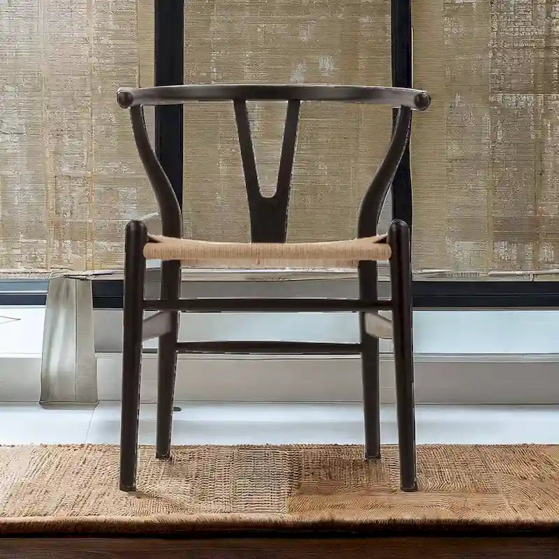 Chaise de salle à manger tressée en bois massif noir / blanc / naturel, lot de 4