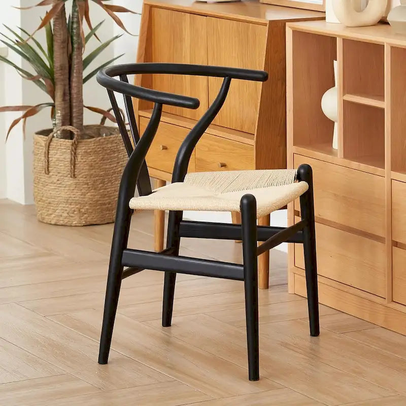 Chaise de salle à manger tressée en bois massif noir / blanc / naturel, lot de 4