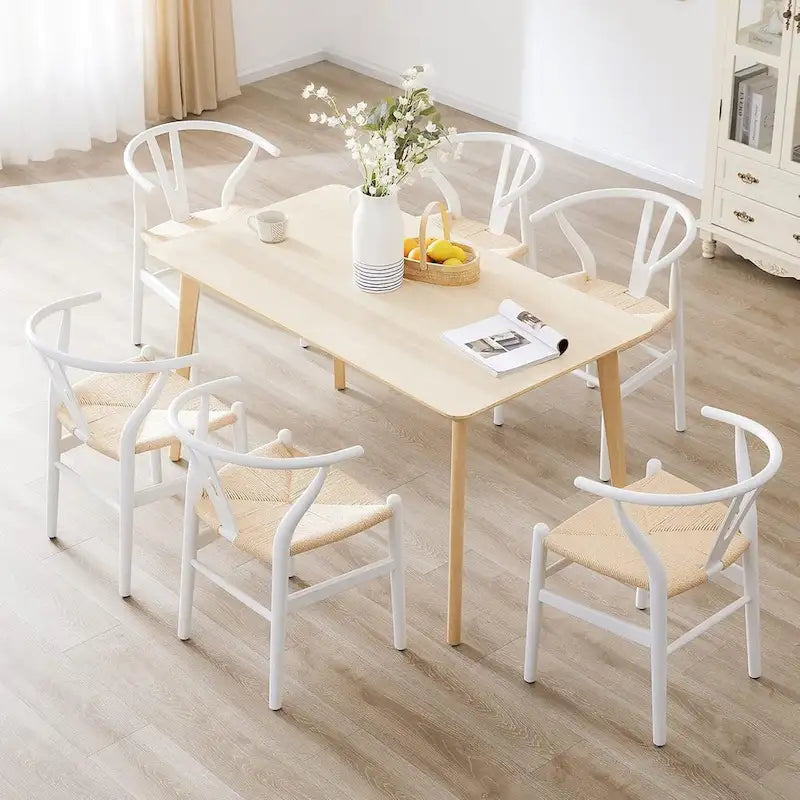 Chaise de salle à manger tressée en bois massif noir / blanc / naturel, lot de 4