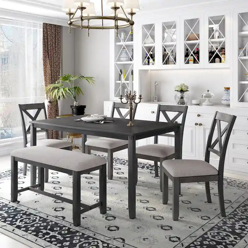 Ensemble de salle à manger rectangulaire avec 4 chaises et un banc pour 6 personnes, couleur expresso / gris / cerisier naturel