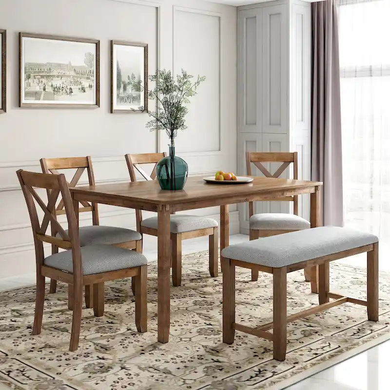 Ensemble de salle à manger rectangulaire avec 4 chaises et un banc pour 6 personnes, couleur expresso / gris / cerisier naturel