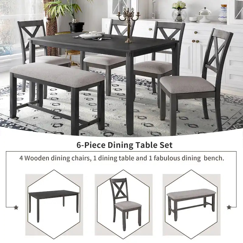 Ensemble de salle à manger rectangulaire avec 4 chaises et un banc pour 6 personnes, couleur expresso / gris / cerisier naturel