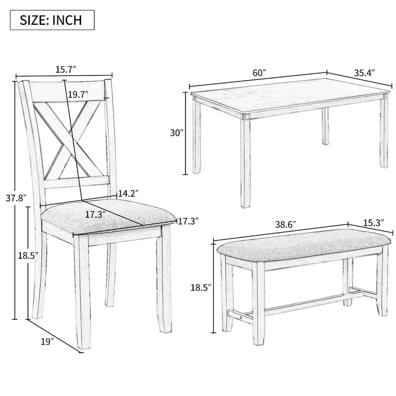 Ensemble de salle à manger rectangulaire avec 4 chaises et un banc pour 6 personnes, couleur expresso / gris / cerisier naturel