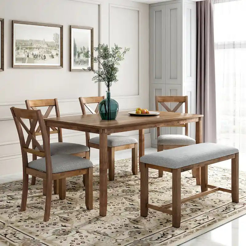 Ensemble de salle à manger rectangulaire avec 4 chaises et un banc pour 6 personnes, couleur expresso / gris / cerisier naturel