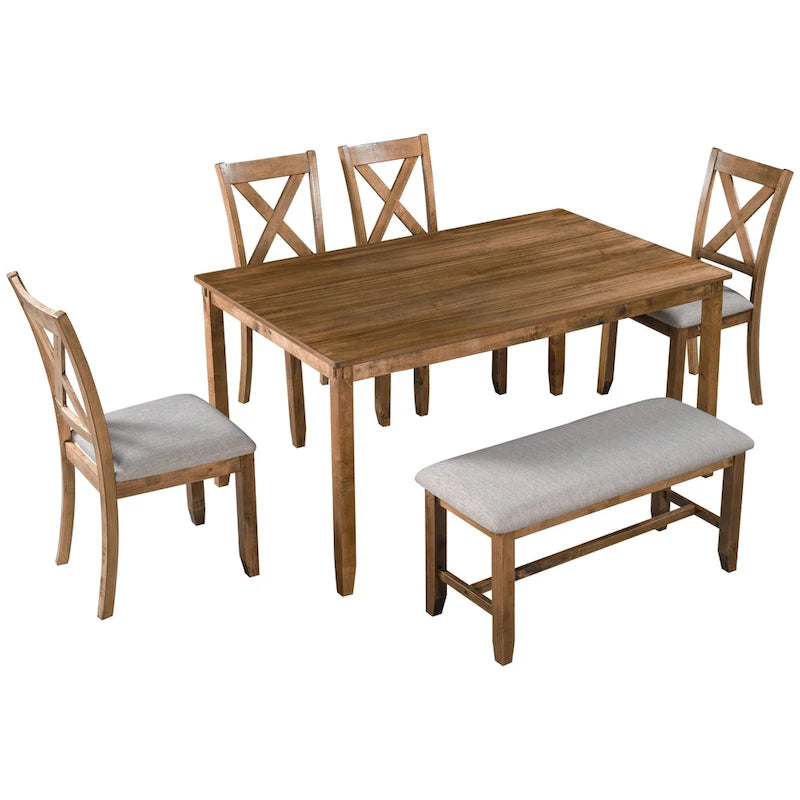 Ensemble de salle à manger rectangulaire avec 4 chaises et un banc pour 6 personnes, couleur expresso / gris / cerisier naturel