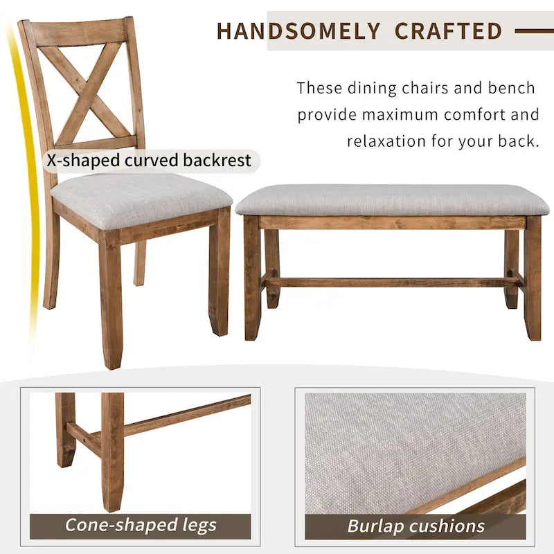 Ensemble de salle à manger rectangulaire avec 4 chaises et un banc pour 6 personnes, couleur expresso / gris / cerisier naturel