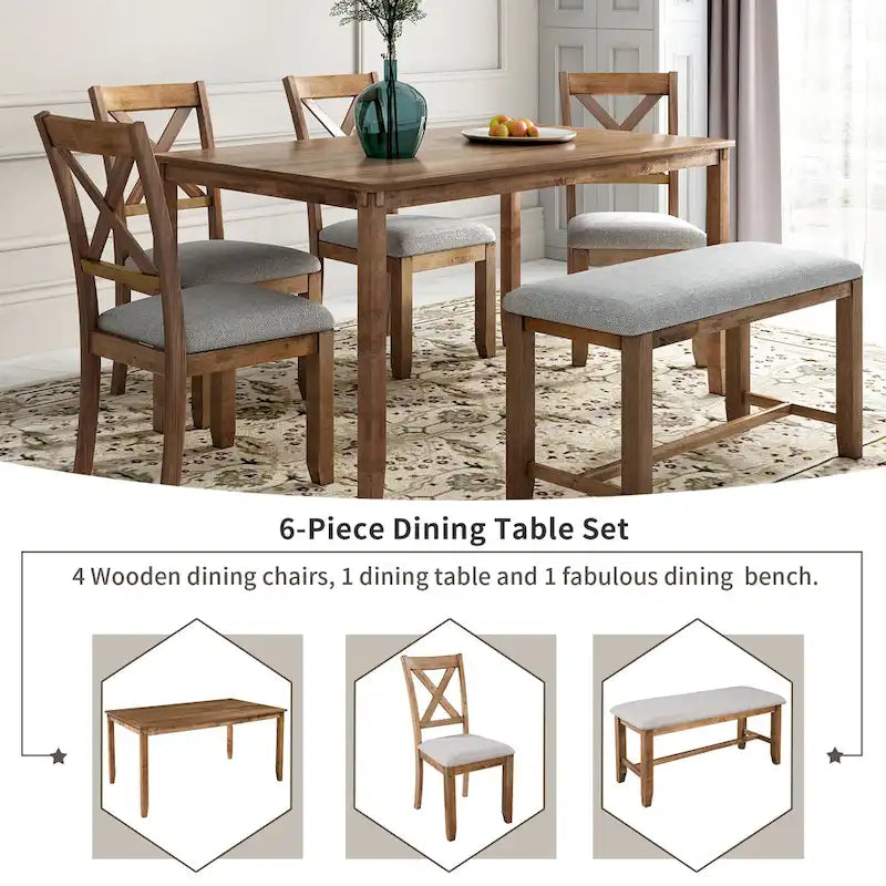 Ensemble de salle à manger rectangulaire avec 4 chaises et un banc pour 6 personnes, couleur expresso / gris / cerisier naturel