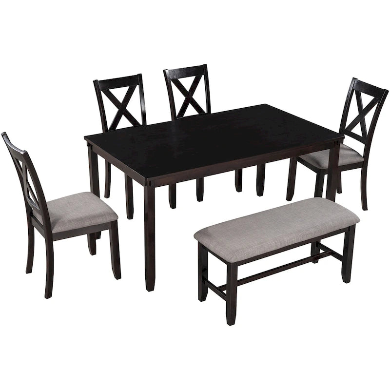 Ensemble de salle à manger rectangulaire avec 4 chaises et un banc pour 6 personnes, couleur expresso / gris / cerisier naturel
