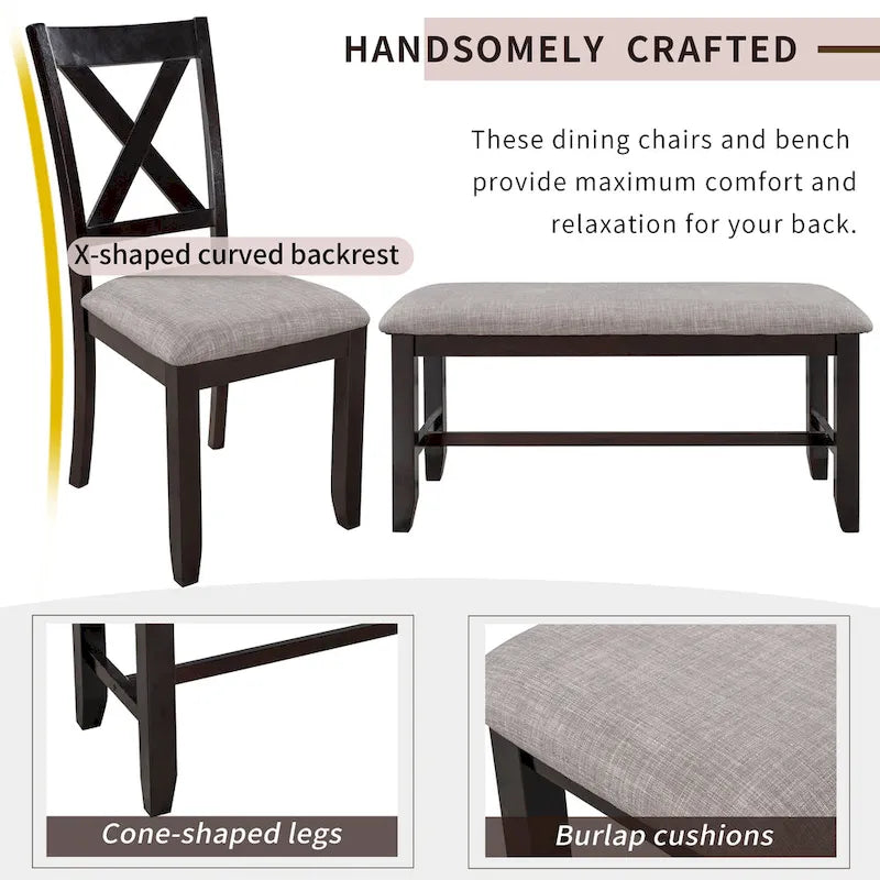 Ensemble de salle à manger rectangulaire avec 4 chaises et un banc pour 6 personnes, couleur expresso / gris / cerisier naturel
