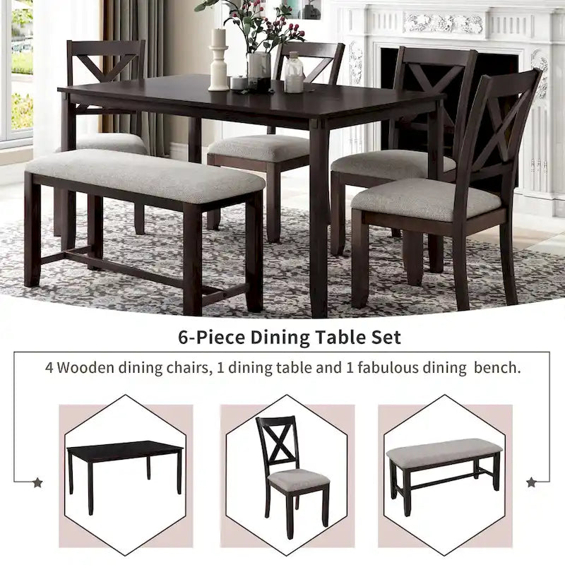 Ensemble de salle à manger rectangulaire avec 4 chaises et un banc pour 6 personnes, couleur expresso / gris / cerisier naturel