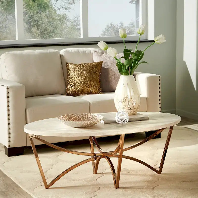 Table basse en marbre artificiel or champagne et blanc – Ensemble de 1 ou 2 pièces