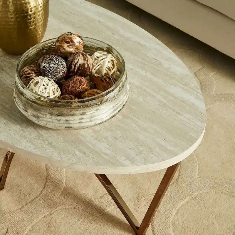 Table basse en marbre artificiel or champagne et blanc – Ensemble de 1 ou 2 pièces