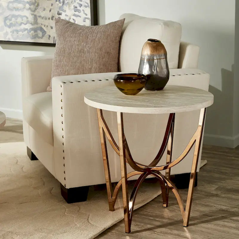 Table basse en marbre artificiel or champagne et blanc – Ensemble de 1 ou 2 pièces