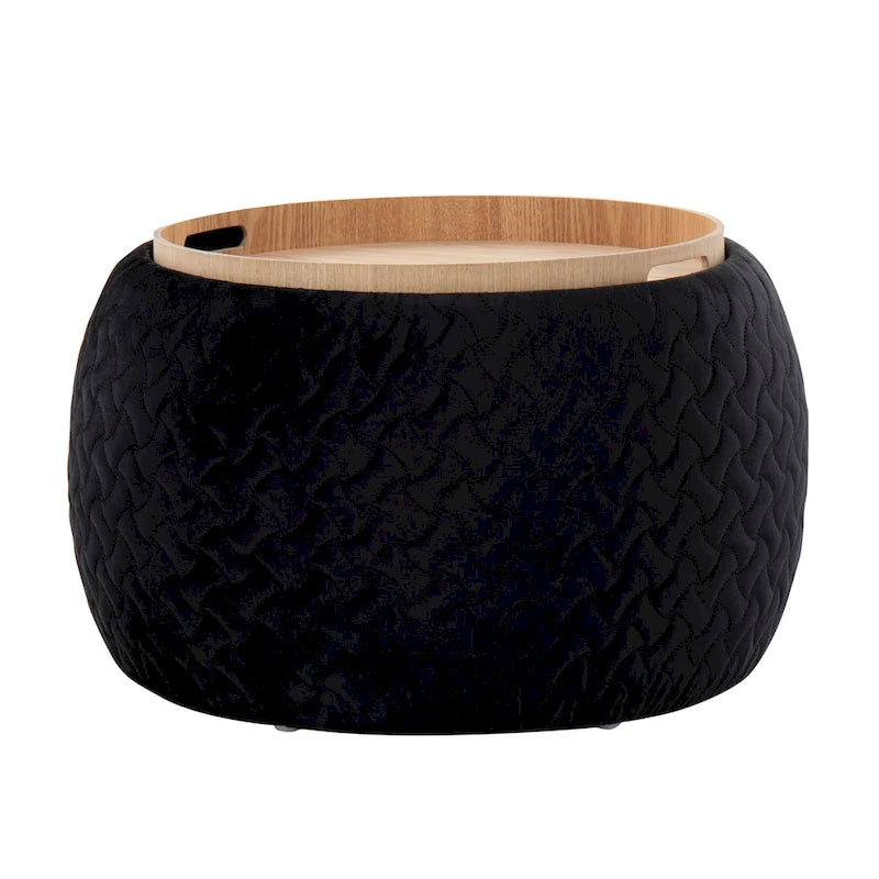 Pouffe de rangement en velours/tissu avec plateau en bois naturel, 1 place