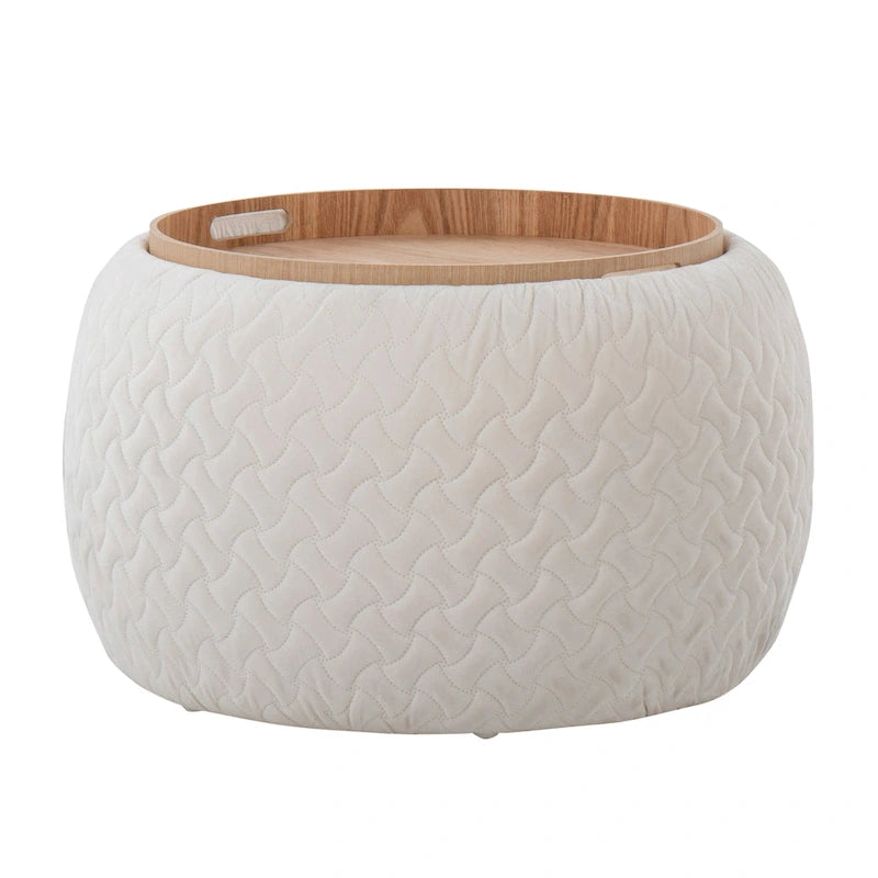 Pouffe de rangement en velours/tissu avec plateau en bois naturel, 1 place