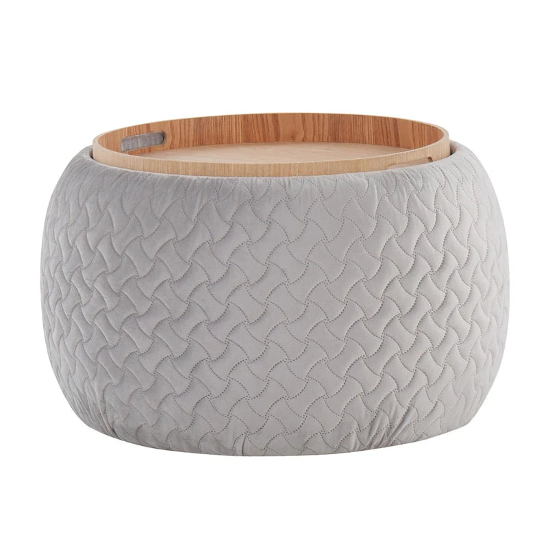 Pouffe de rangement en velours/tissu avec plateau en bois naturel, 1 place