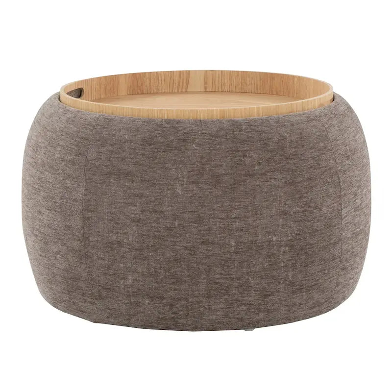 Pouffe de rangement en velours/tissu avec plateau en bois naturel, 1 place