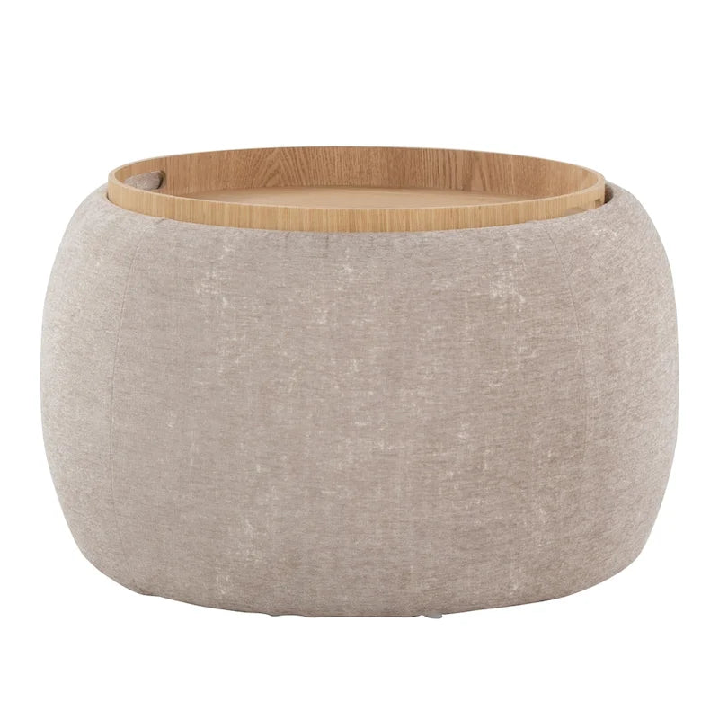 Ottoman de rangement en velours / tissu avec plateau en bois naturel, 1 personne