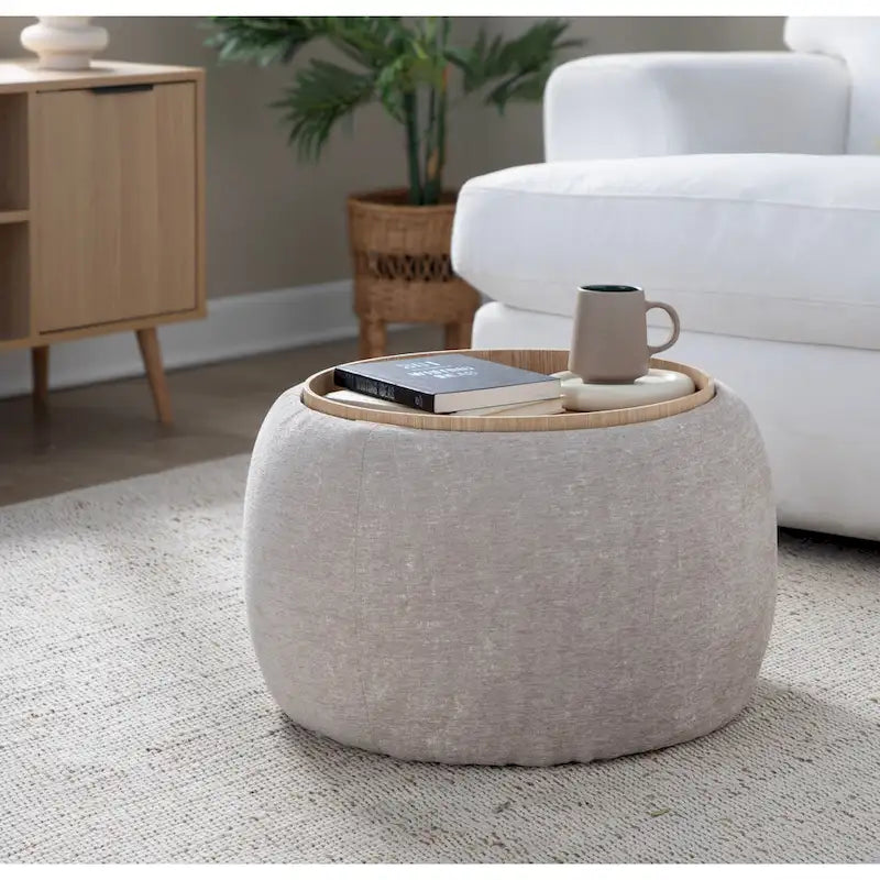 Ottoman de rangement en velours / tissu avec plateau en bois naturel, 1 personne