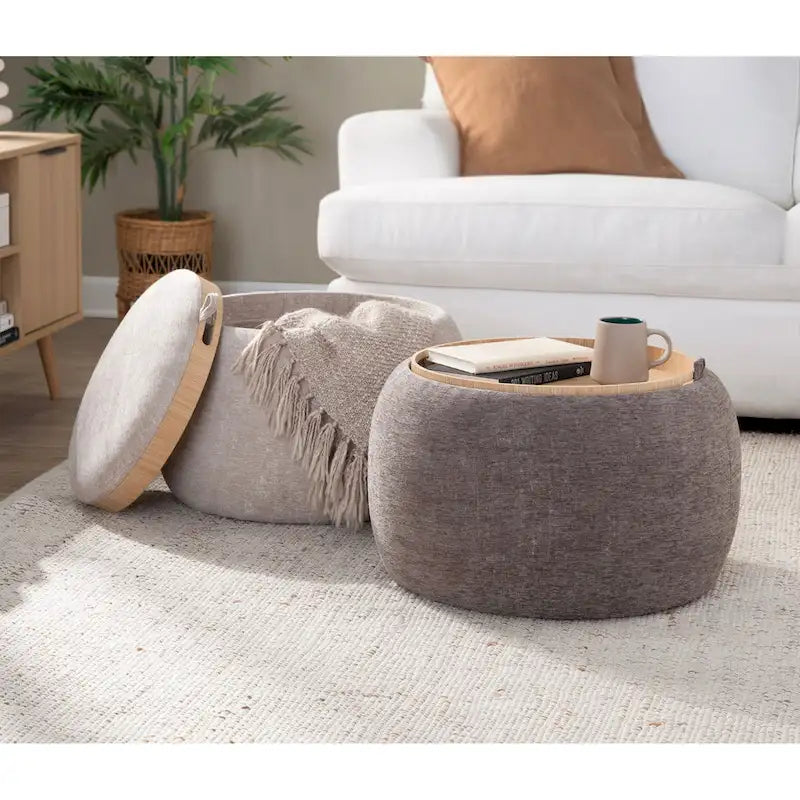 Ottoman de rangement en velours / tissu avec plateau en bois naturel, 1 personne