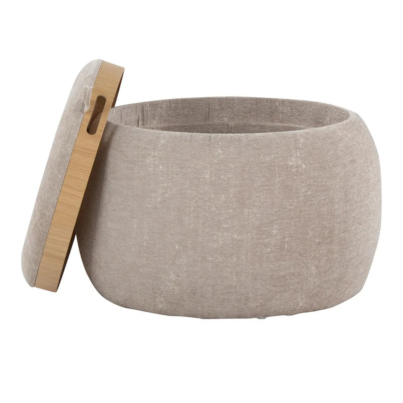 Ottoman de rangement en velours / tissu avec plateau en bois naturel, 1 personne