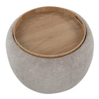 Ottoman de rangement en velours / tissu avec plateau en bois naturel, 1 personne