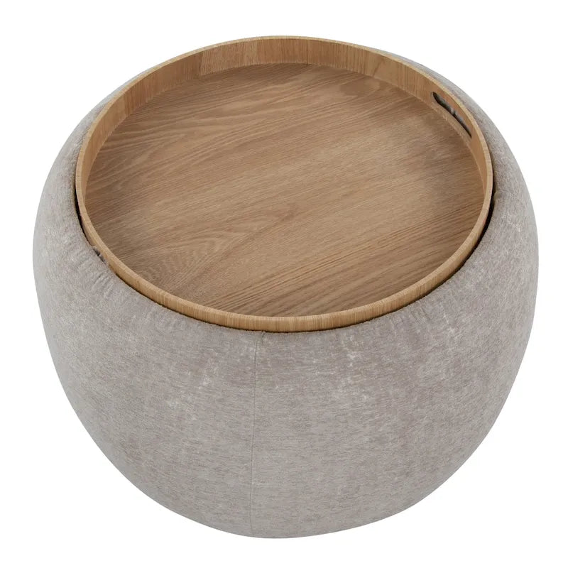 Ottoman de rangement en velours / tissu avec plateau en bois naturel, 1 personne