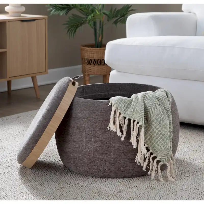 Ottoman de rangement en velours / tissu avec plateau en bois naturel, 1 personne