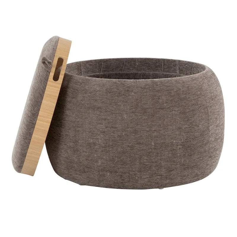 Ottoman de rangement en velours / tissu avec plateau en bois naturel, 1 personne