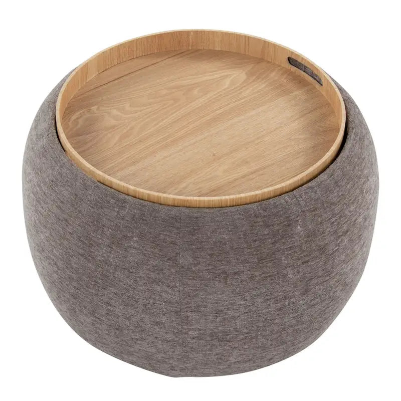 Ottoman de rangement en velours / tissu avec plateau en bois naturel, 1 personne