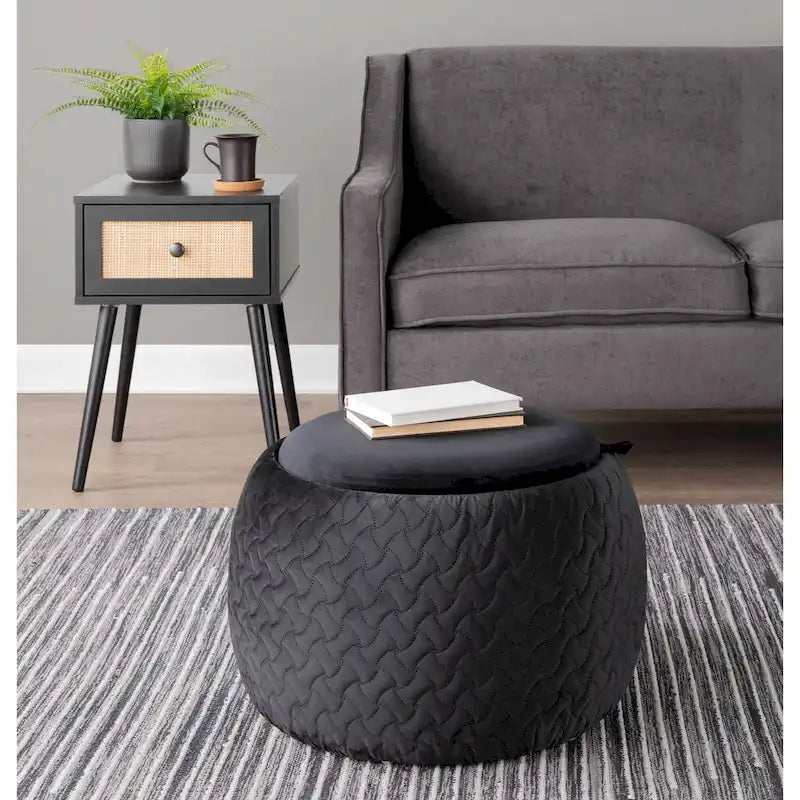 Ottoman de rangement en velours / tissu avec plateau en bois naturel, 1 personne