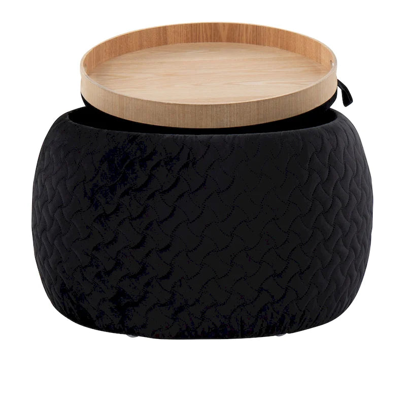 Ottoman de rangement en velours / tissu avec plateau en bois naturel, 1 personne