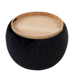 Ottoman de rangement en velours / tissu avec plateau en bois naturel, 1 personne