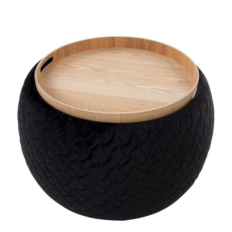 Ottoman de rangement en velours / tissu avec plateau en bois naturel, 1 personne