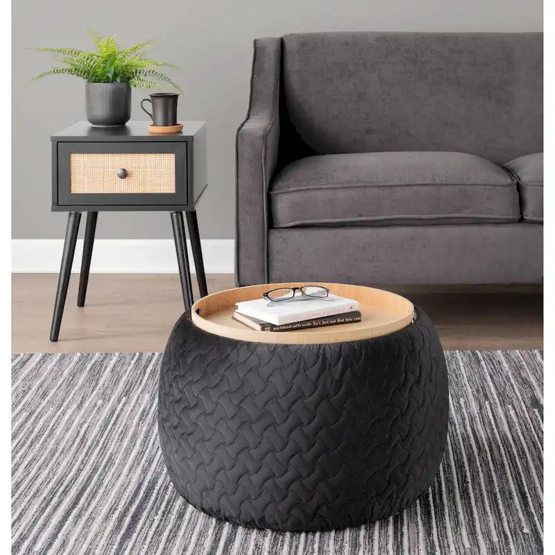 Ottoman de rangement en velours / tissu avec plateau en bois naturel, 1 personne