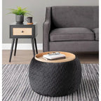 Ottoman de rangement en velours / tissu avec plateau en bois naturel, 1 personne