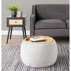 Ottoman de rangement en velours / tissu avec plateau en bois naturel, 1 personne