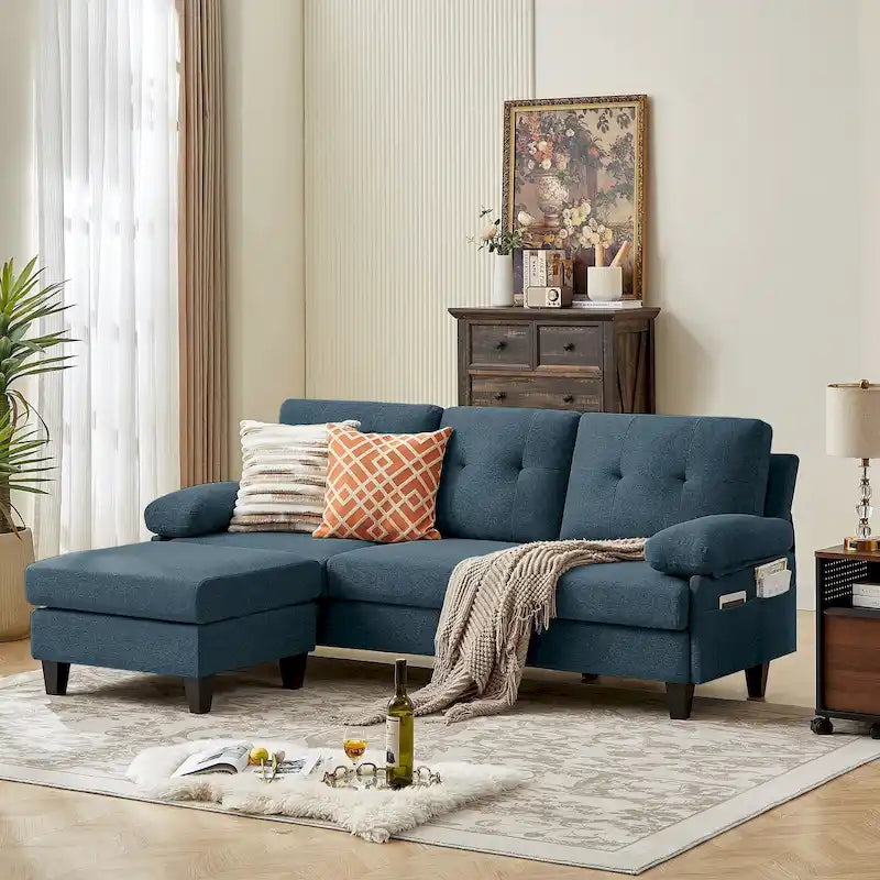 Canapé d'angle en L bleu / vert / gris clair / gris foncé / beige avec pouf et sacs de rangement, 3 à 4 places
