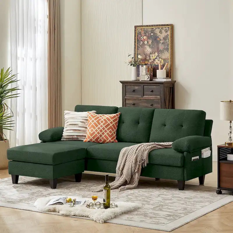 Canapé d'angle en L bleu / vert / gris clair / gris foncé / beige avec pouf et sacs de rangement, 3 à 4 places