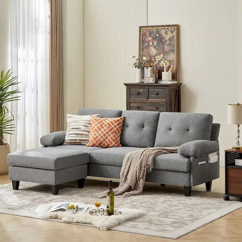 Canapé d'angle en L bleu / vert / gris clair / gris foncé / beige avec pouf et sacs de rangement, 3 à 4 places