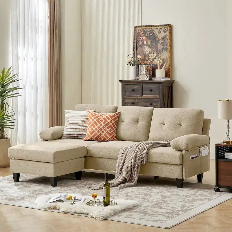 Canapé d'angle en L bleu / vert / gris clair / gris foncé / beige avec pouf et sacs de rangement, 3 à 4 places