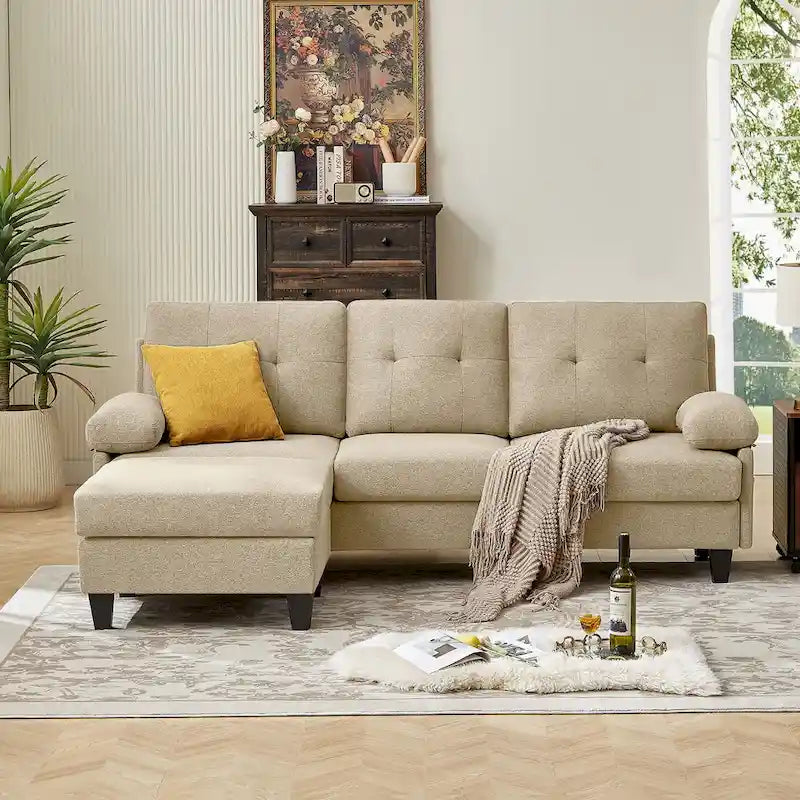 Canapé d'angle en L avec ottoman et sacs de rangement, 3-4 places, bleu / vert / gris clair / gris foncé / beige