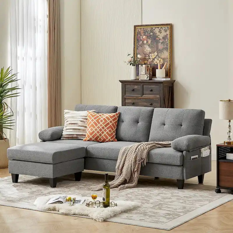 Canapé d'angle en L avec ottoman et sacs de rangement, 3-4 places, bleu / vert / gris clair / gris foncé / beige
