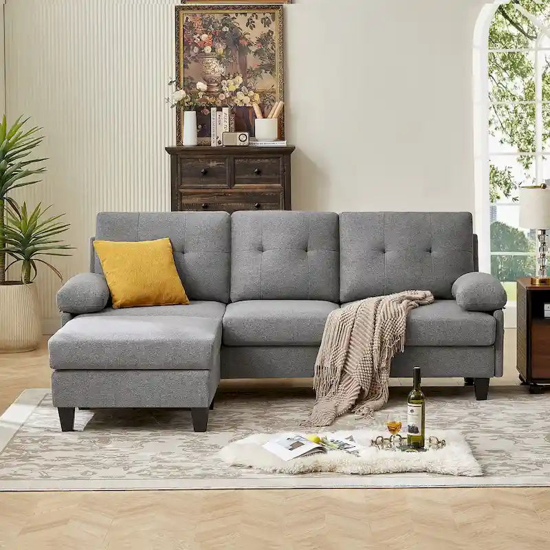 Canapé d'angle en L avec ottoman et sacs de rangement, 3-4 places, bleu / vert / gris clair / gris foncé / beige