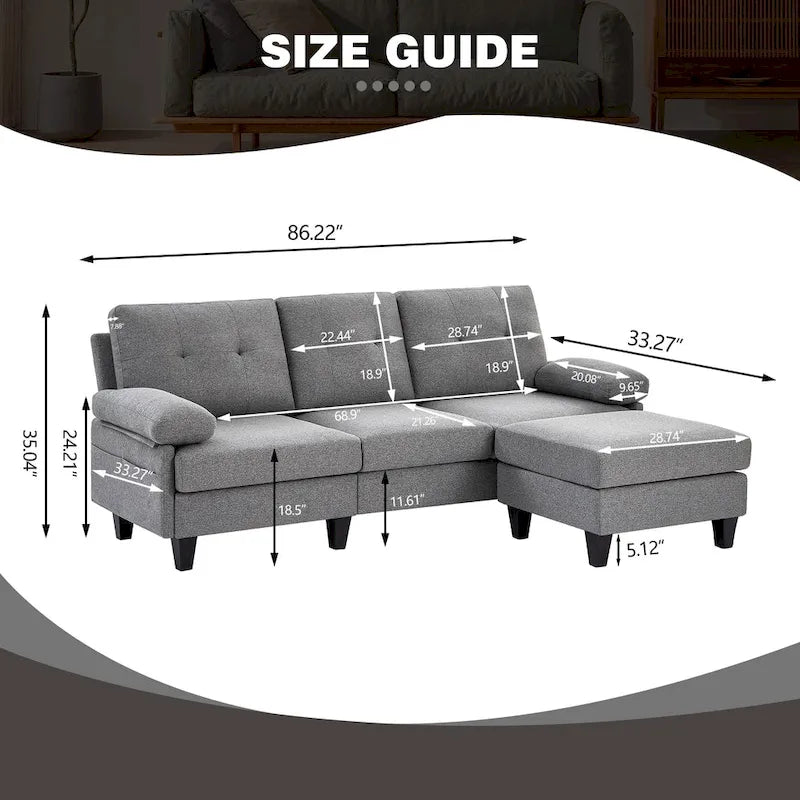 Canapé d'angle en L avec ottoman et sacs de rangement, 3-4 places, bleu / vert / gris clair / gris foncé / beige