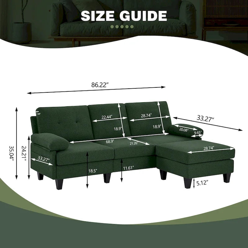 Canapé d'angle en L avec ottoman et sacs de rangement, 3-4 places, bleu / vert / gris clair / gris foncé / beige