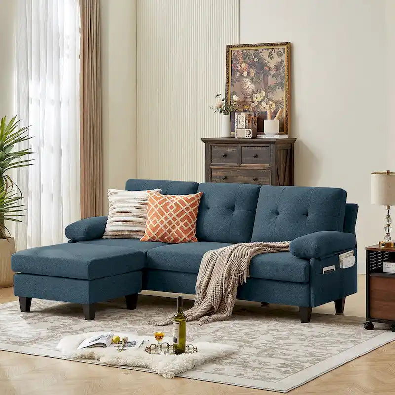Canapé d'angle en L avec ottoman et sacs de rangement, 3-4 places, bleu / vert / gris clair / gris foncé / beige