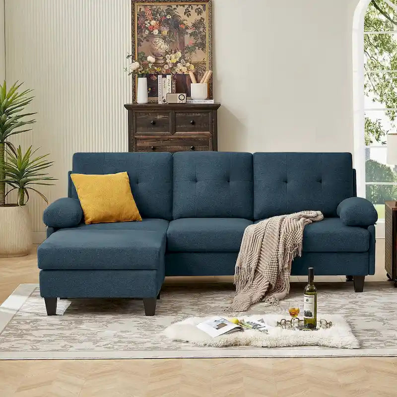 Canapé d'angle en L avec ottoman et sacs de rangement, 3-4 places, bleu / vert / gris clair / gris foncé / beige