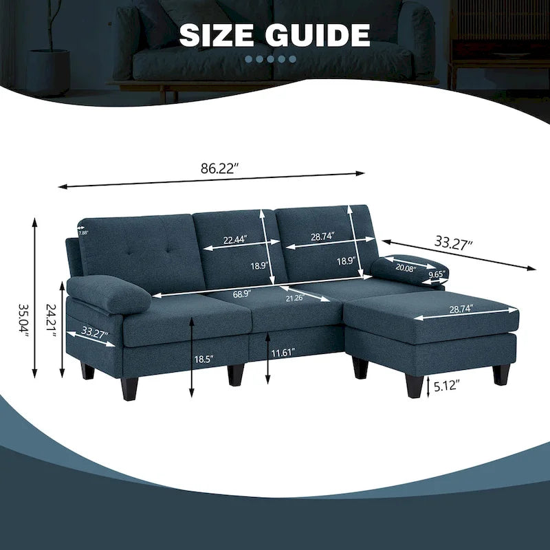 Canapé d'angle en L avec ottoman et sacs de rangement, 3-4 places, bleu / vert / gris clair / gris foncé / beige