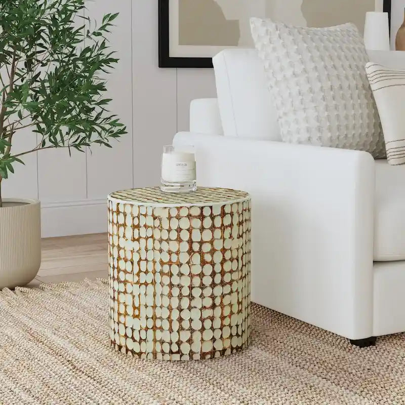Table d'appoint ronde en mosaïque de coquille de noix de coco blanche / verte / brune, 1 personne